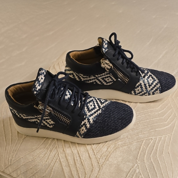 Giuseppe Zanotti Navy and White Patterned Sneakers Denim and Leather Fabric38